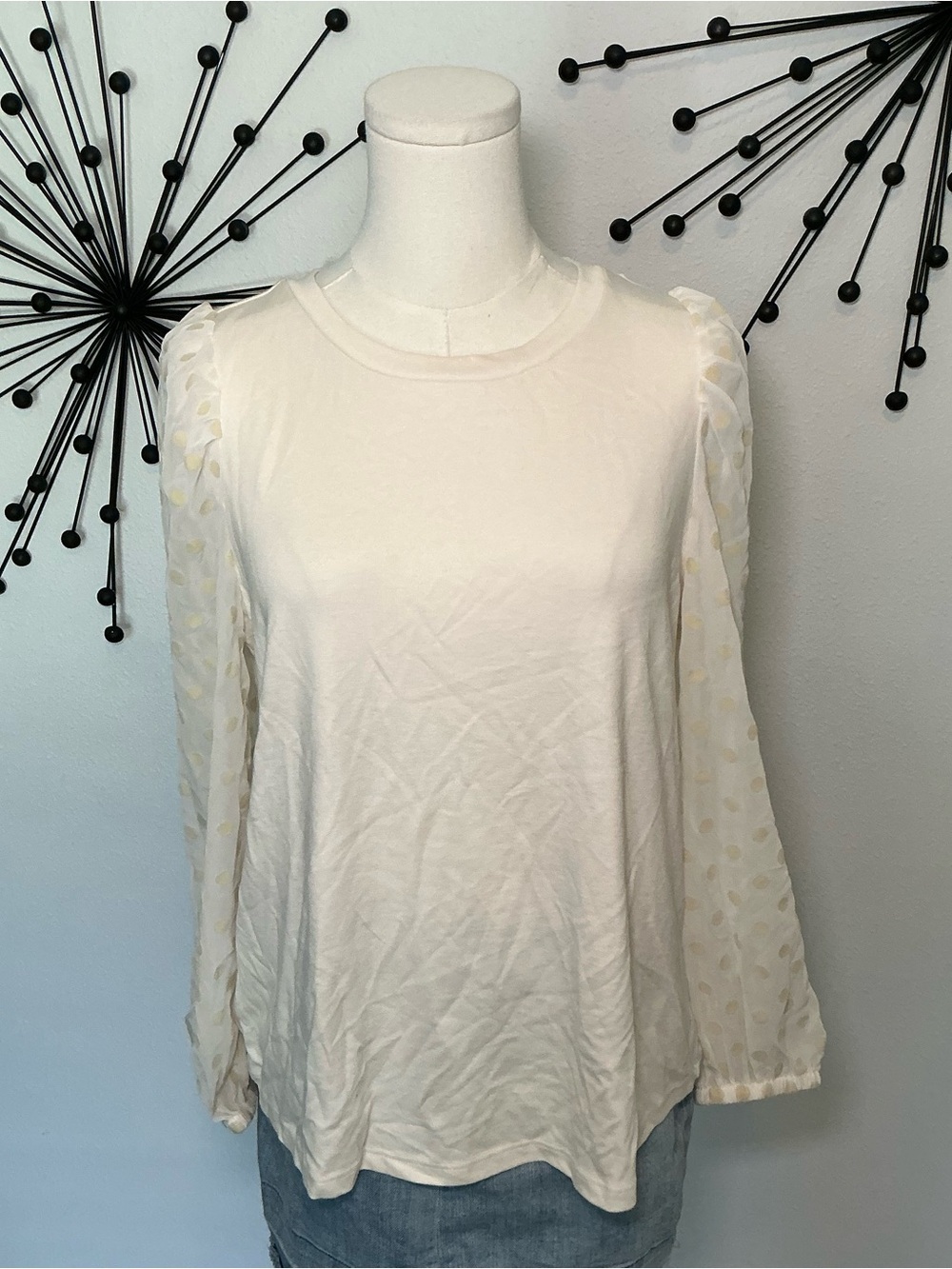 LOFT Cream Swiss Dot Sheer Sleeve Top Small Feminine Blouse NWT